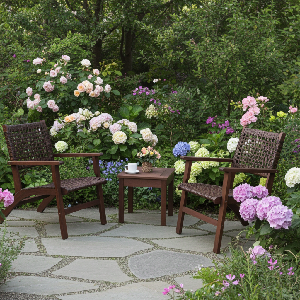 3 Pieces Outdoor Wooden Patio Rattan Furniture Set