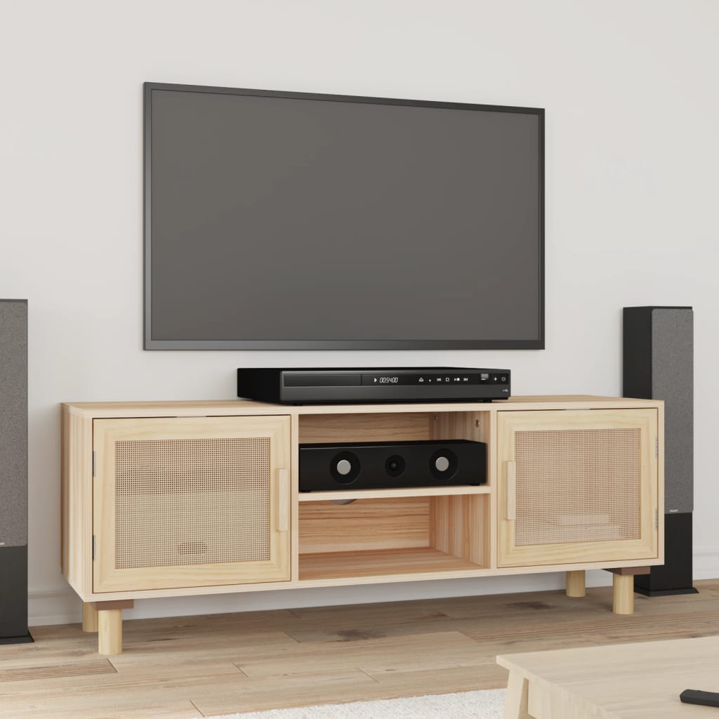NNEVL TV-Schrank Braun 105x30x40 cm Massives Kiefernholz & Natürliches Rattan
