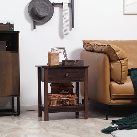 Dark Brown Nightstand With Drawer And Shelves Compact Design For Small Spaces Bedroom Furniture