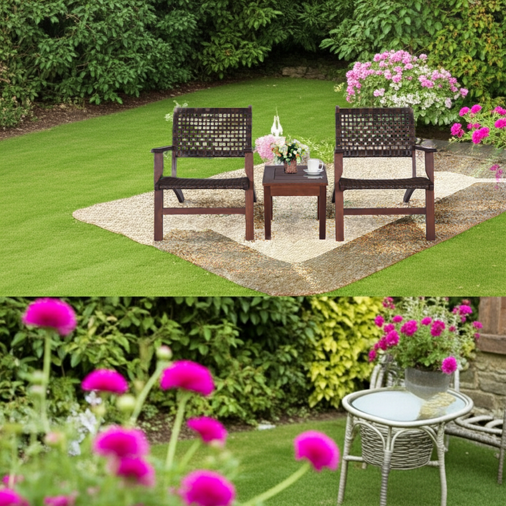 3 Pieces Outdoor Wooden Patio Rattan Furniture Set