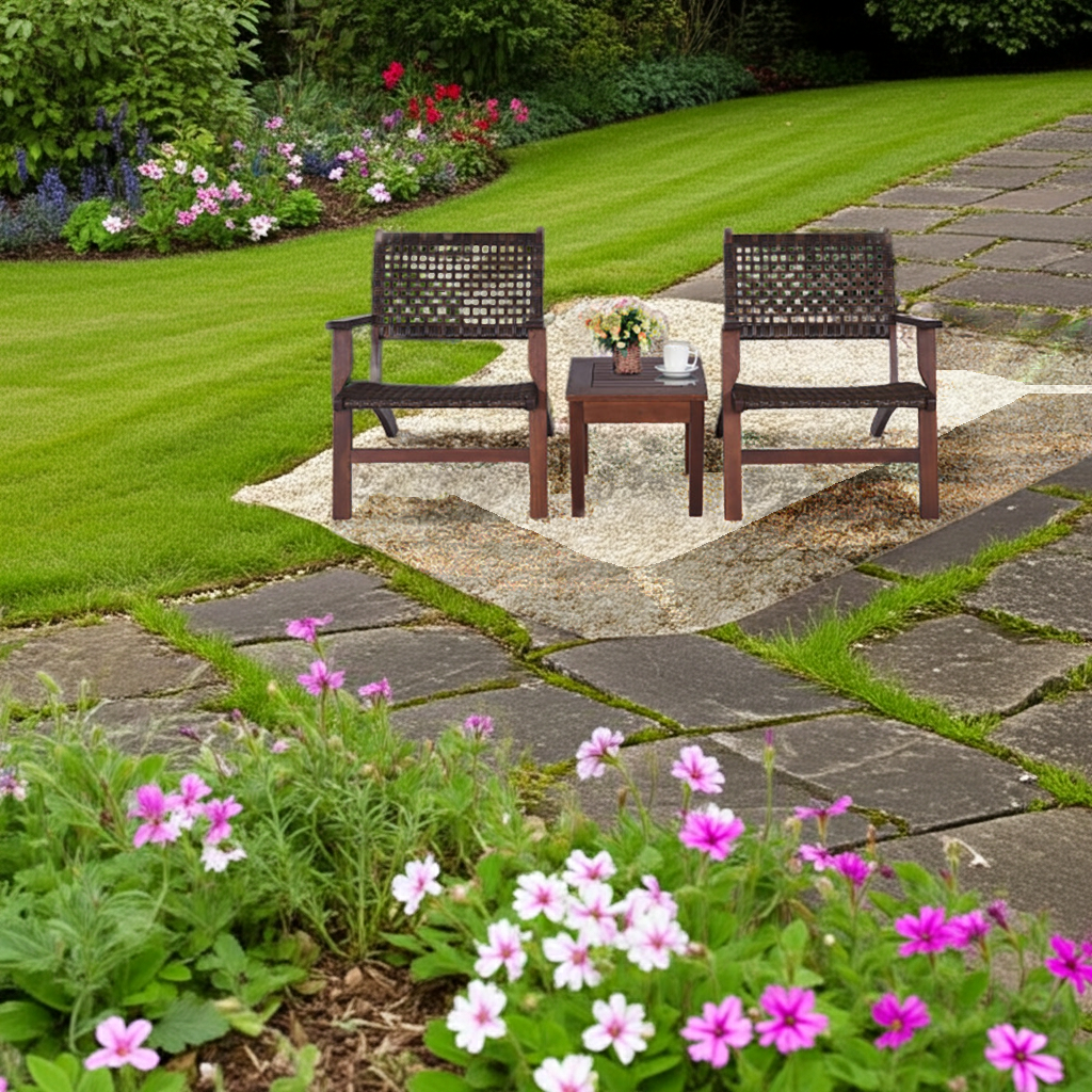 3 Pieces Outdoor Wooden Patio Rattan Furniture Set