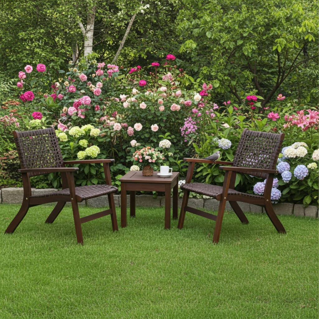 3 Pieces Outdoor Wooden Patio Rattan Furniture Set