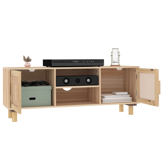 NNEVL TV-Schrank Braun 105x30x40 cm Massives Kiefernholz & Natürliches Rattan