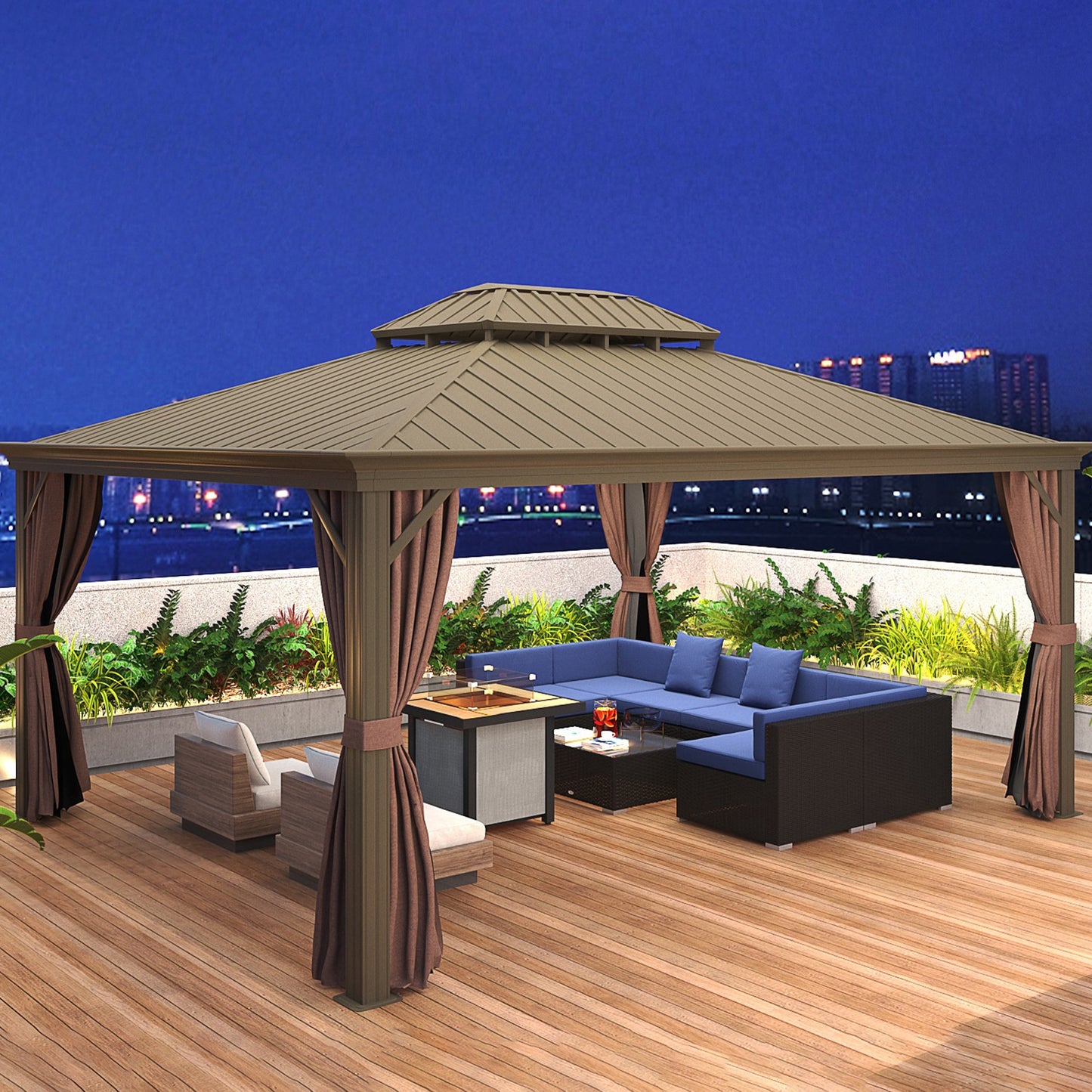 7-Piece Rattan Couch, Outdoor Patio Furniture Set, With Removable Cushions And Ottoman, Glass Coffee Table- Dark Coffee  Blue