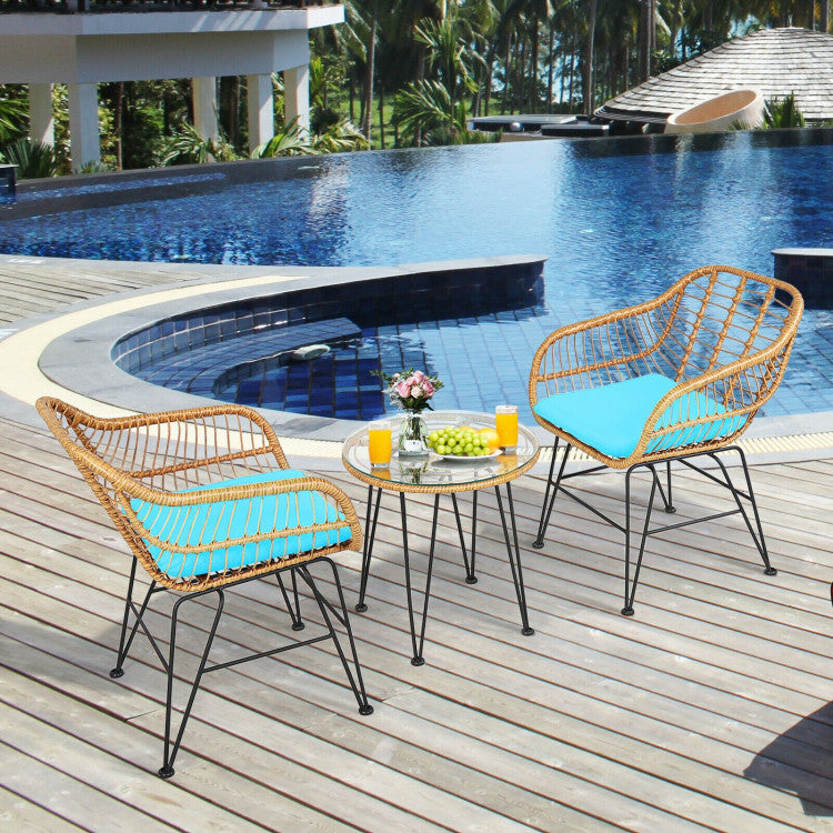 3 Pieces Rattan Furniture Set With Cushioned Chair Table