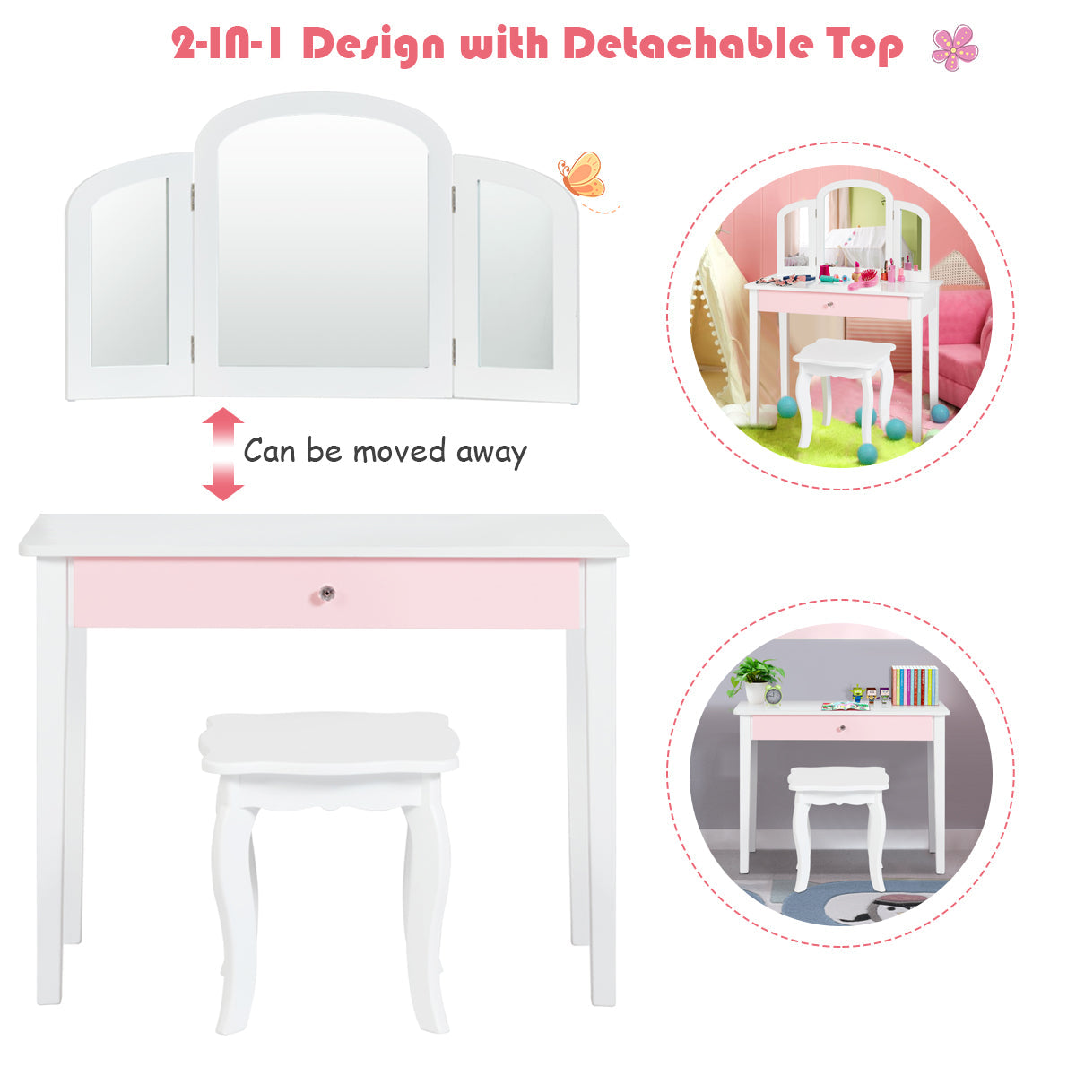NNECW Kinder Schminktisch Set mit Klappbarem Spiegel für Schlafzimmer - Weiß