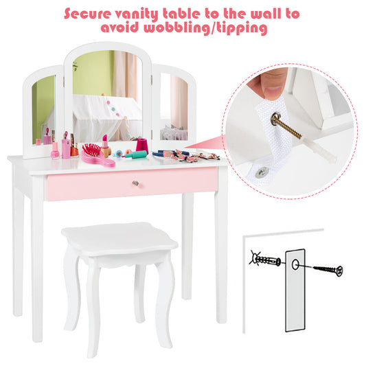 NNECW Kinder Schminktisch Set mit Klappbarem Spiegel für Schlafzimmer - Weiß