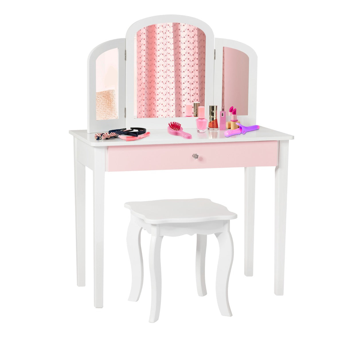 NNECW Kinder Schminktisch Set mit Klappbarem Spiegel für Schlafzimmer - Weiß