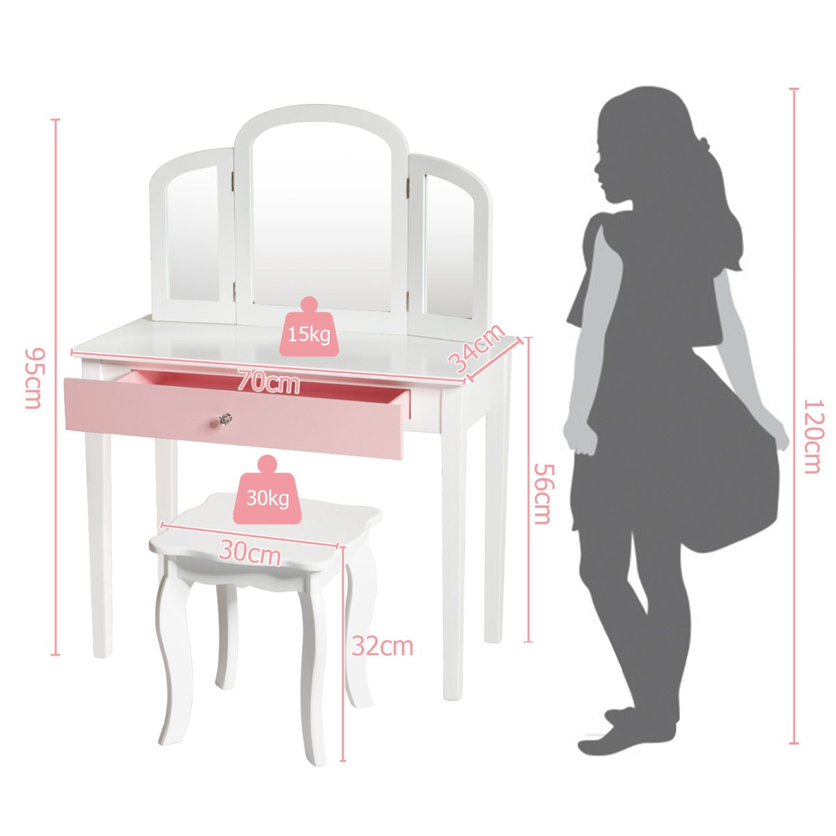 NNECW Kinder Schminktisch Set mit Klappbarem Spiegel für Schlafzimmer - Weiß