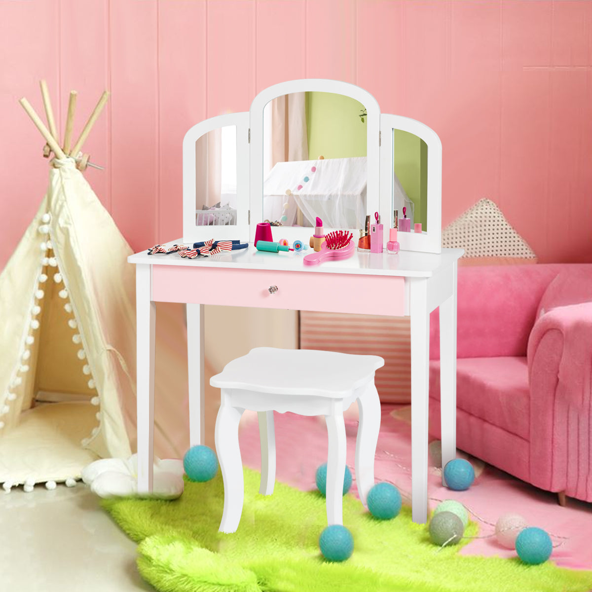 NNECW Kinder Schminktisch Set mit Klappbarem Spiegel für Schlafzimmer - Weiß